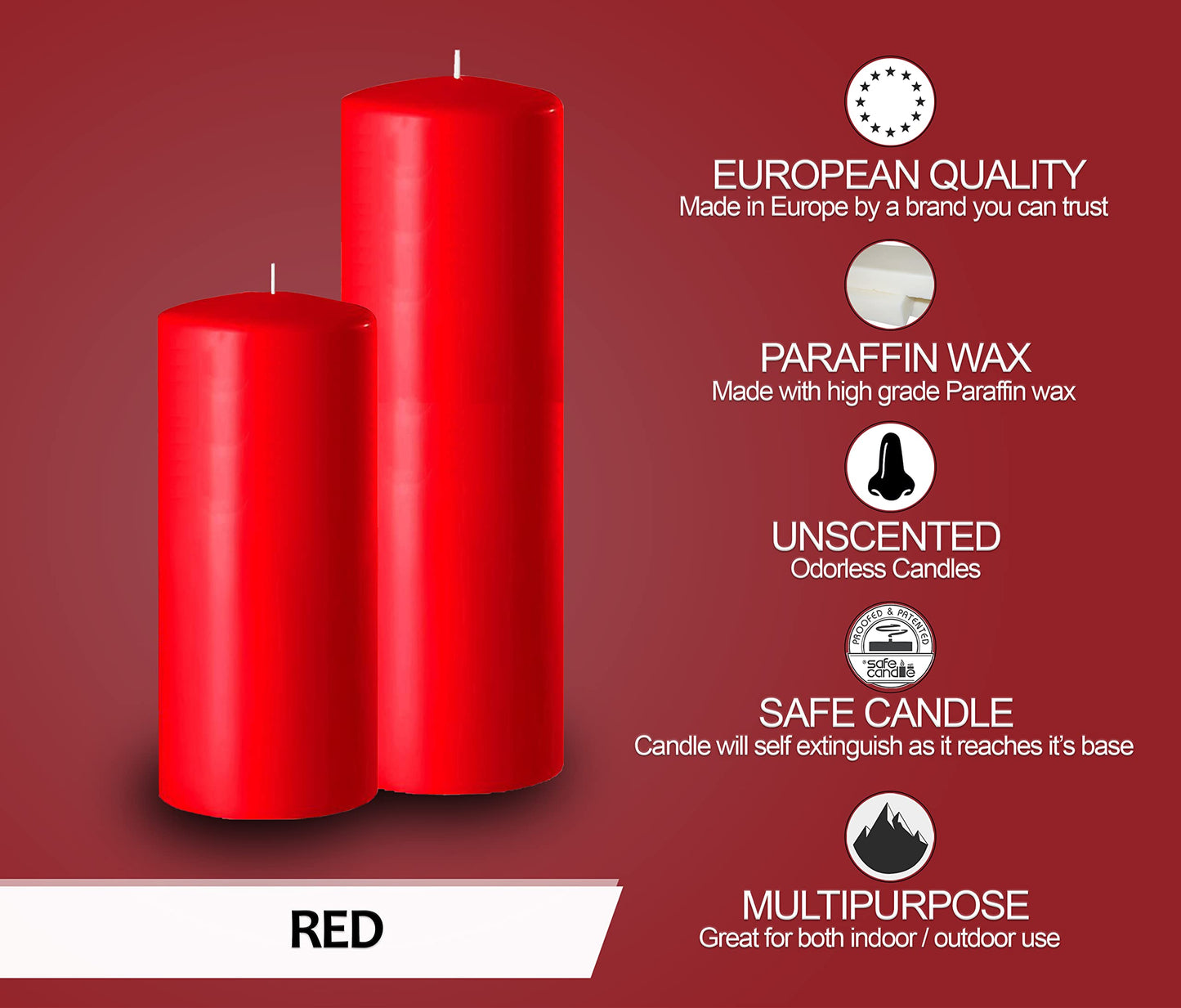 Hyoola Red Pillar Candles 2x6 Inch - 4 Pack Unscented Pillar Candles - European Made