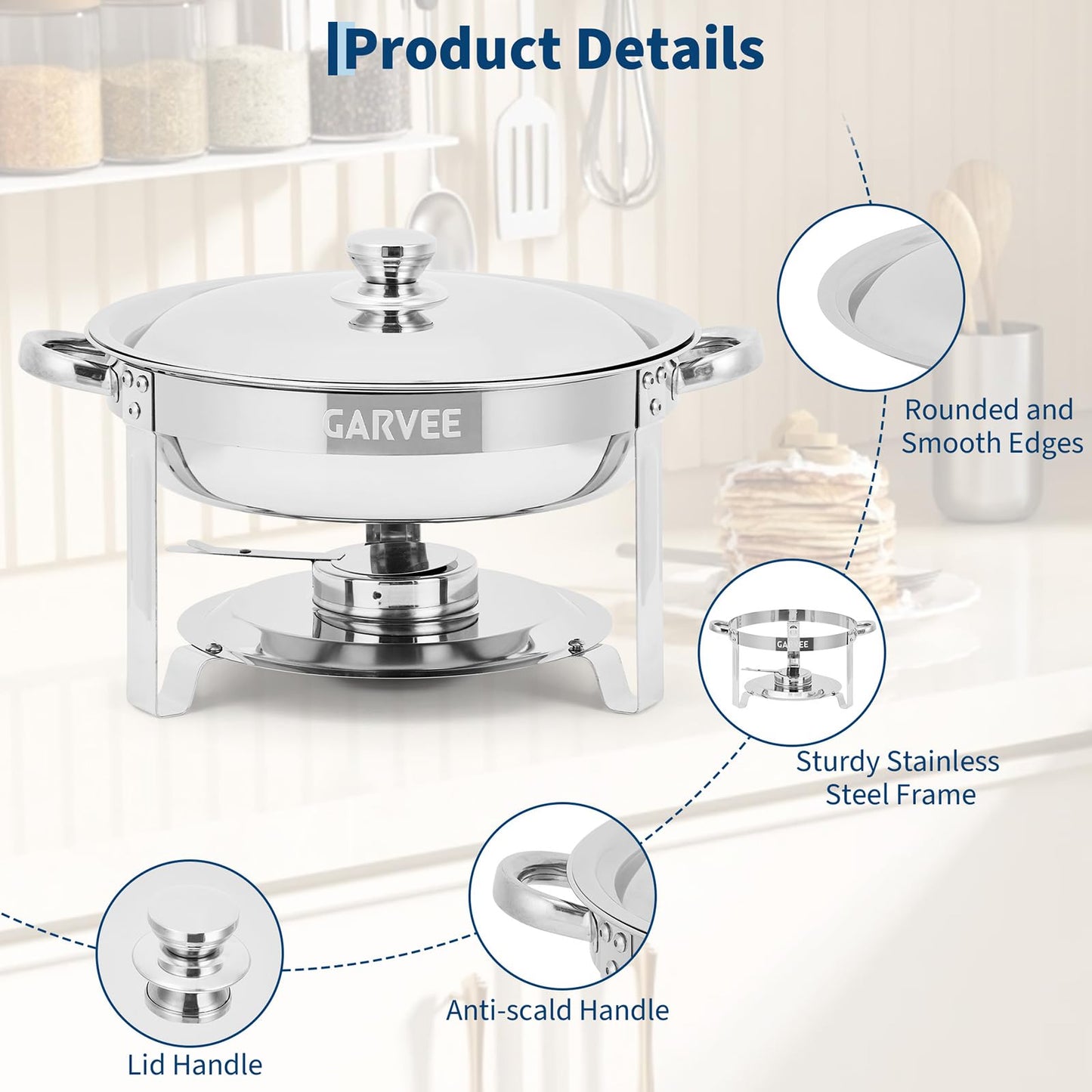 Garvee 4 Pack Chafing Dish Buffet Set, 8 Qt Rectangle & 5 Qt Round Stainless Steel Chafers and Food Warmer Sets with Lid, Food & Water Pan and Fuel Holder for Events, Parties & Holiday Catering