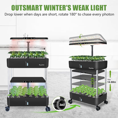 44 Pod Hydroponic Indoor Garden System Black, 2 Tier Growing Kit with LED Grow Light, 10L Tank, Includes Seed Starter Kit