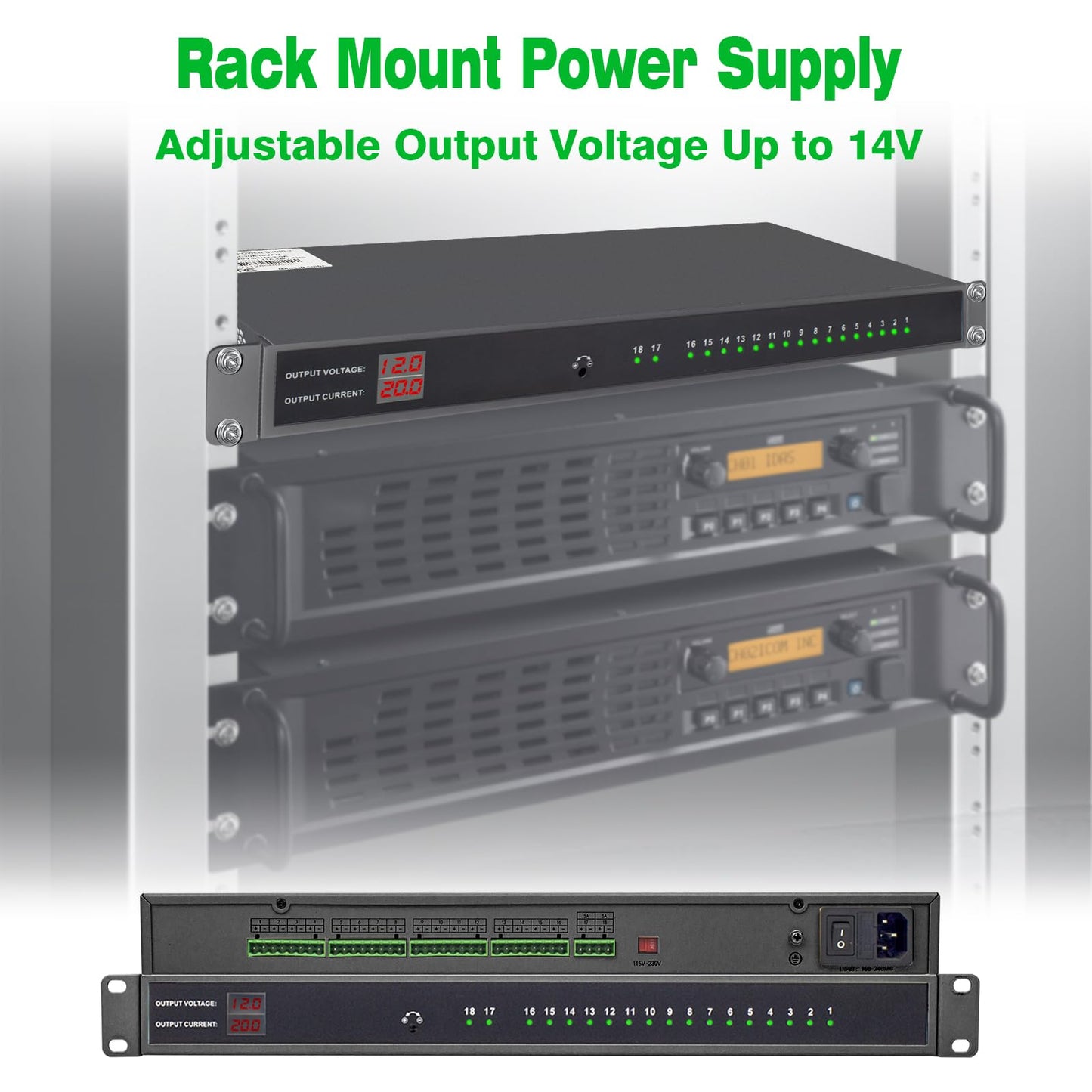 1U 12V 20A 18-Channel Rack Mount Power Supply – 12V 3-5A Distributed DC Output with Reset Fuse, 4 ft Replaceable AC Cord. Ideal for Security Cameras, DVRs, CCTV Systems, by UltraPoE