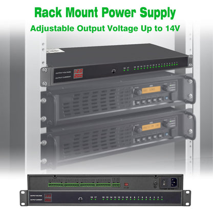 1U 12V 20A 18-Channel Rack Mount Power Supply – 12V 3-5A Distributed DC Output with Reset Fuse, 4 ft Replaceable AC Cord. Ideal for Security Cameras, DVRs, CCTV Systems, by UltraPoE
