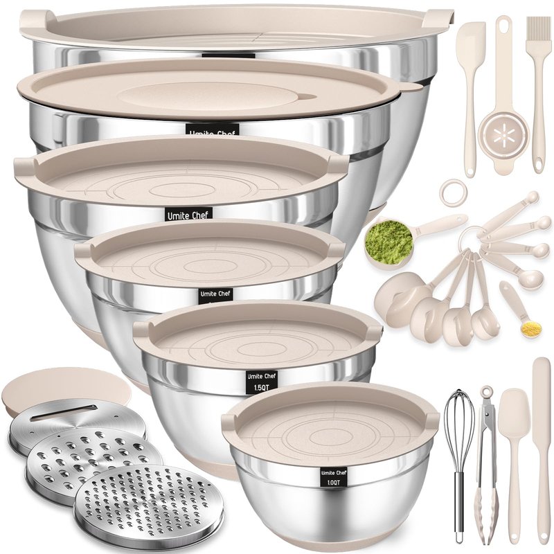Mixing Bowls with Airtight Lids Set, 26PCS Stainless Steel Khaki Bowls with Grater Attachments, Non-Slip Bottoms & Kitchen Gadgets Set, Size 7, 4, 2.5, 2.0,1.5, 1QT, Great for Mixing & Serving