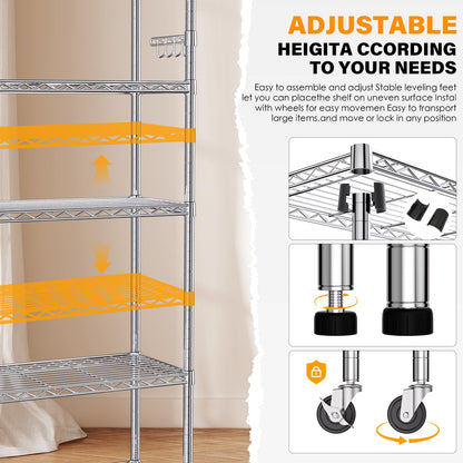 YNN Storage Shelves,6000Lbs 6 Tier Heavy Duty Metal Rolling Shelving Unit with Wheels & 8 Hooks, Adjustable Garage Wire Rack for Kitchen, Bathroom,Industrial,Pantry(36" W x 14" D x 72" H, Chrome)
