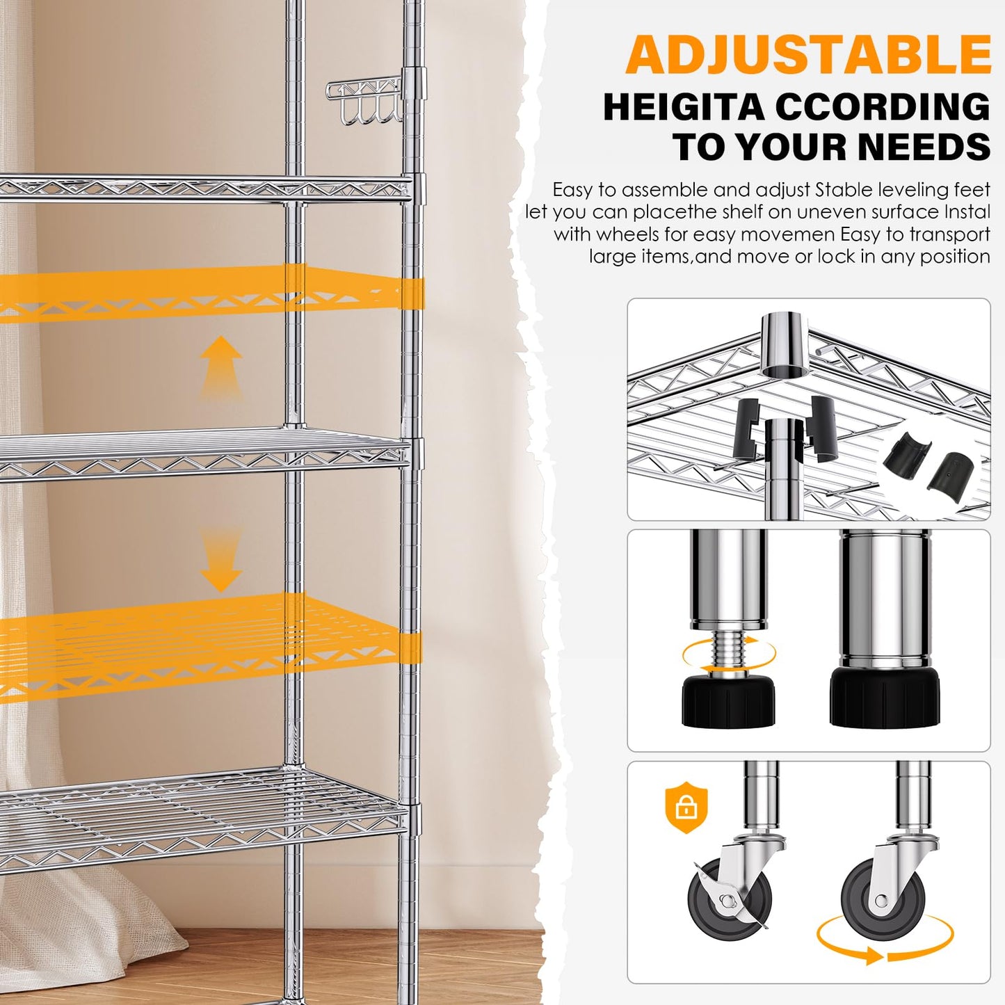 YNN Storage Shelves,1750Lbs 5 Tier Heavy Duty Metal Rolling Shelving Unit with Wheels & 8 Hooks, Adjustable Garage Wire Rack for Kitchen, Bathroom,Industrial,Pantry(36" W x 14" D x 72" H, Chrome)