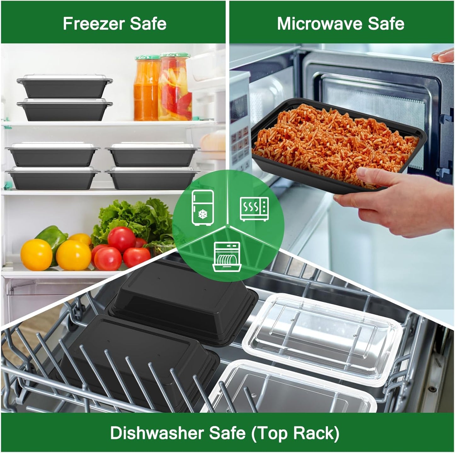 Regine Switzerland 32 oz Meal Prep Containers - 50 Pack, Reusable, Leakproof, Microwave & Dishwasher Safe, Black