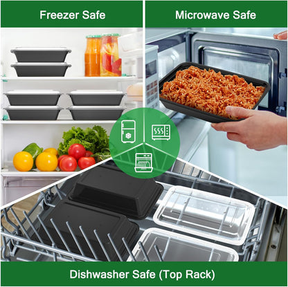 Regine Switzerland 32 oz Meal Prep Containers - 50 Pack, Reusable, Leakproof, Microwave & Dishwasher Safe, Black