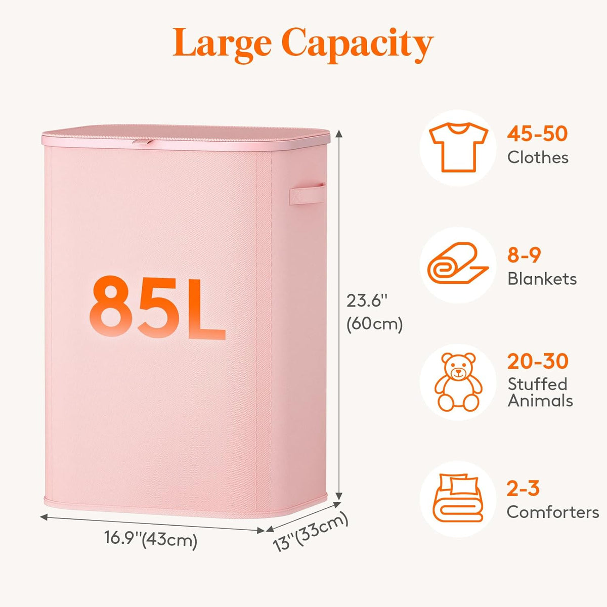 Lifewit 85L Large Laundry Basket - Foldable Hamper with Lid & Removable Bag - Pink