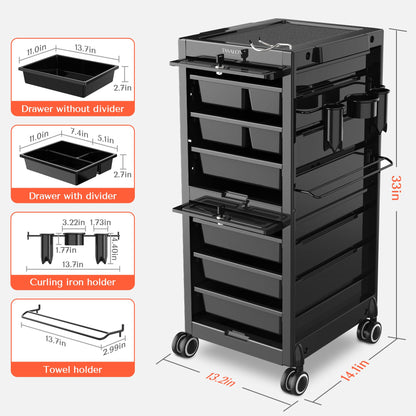 TASALON Lockable Salon Trolley, 6-Drawer Rolling Beauty Cart with Tool Holders, Mobile Hair Stylist Station with Locking Doors & Wheels, Black