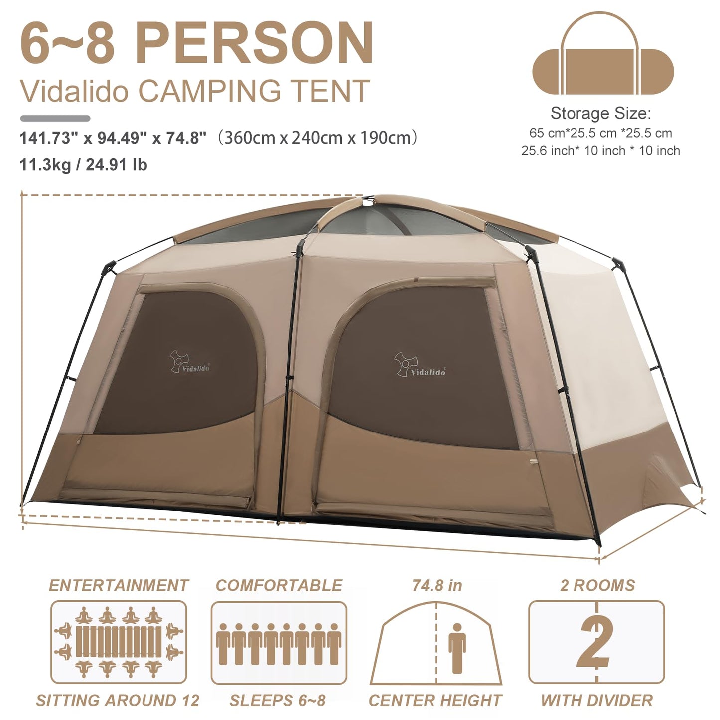 Vidalido Tents，6-8 Person Camping Tent with Extended Vestibule，2 Room Weather Resistant Family Tents，Easy Install Waterproof Outdoor Tent for Backpacking and Camping Hiking