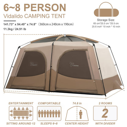 Vidalido Tents，6-8 Person Camping Tent with Extended Vestibule，2 Room Weather Resistant Family Tents，Easy Install Waterproof Outdoor Tent for Backpacking and Camping Hiking