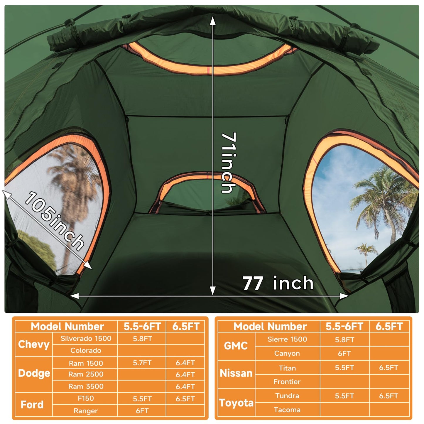 Umbrauto Truck Bed Tent Fits 6.5ft Truck Bed, Easy Setup for Camping, 3000mm Waterproof Pickup Truck Tent for 2 Person, Ford, GMC, Toyota, Chevy, Dodge, Nissan, Green & Orange