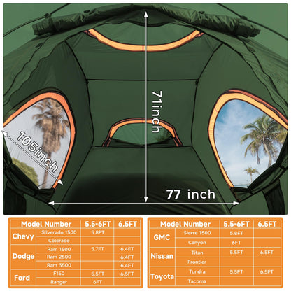 Umbrauto Truck Bed Tent Fits 6.5ft Truck Bed, Easy Setup for Camping, 3000mm Waterproof Pickup Truck Tent for 2 Person, Ford, GMC, Toyota, Chevy, Dodge, Nissan, Green & Orange
