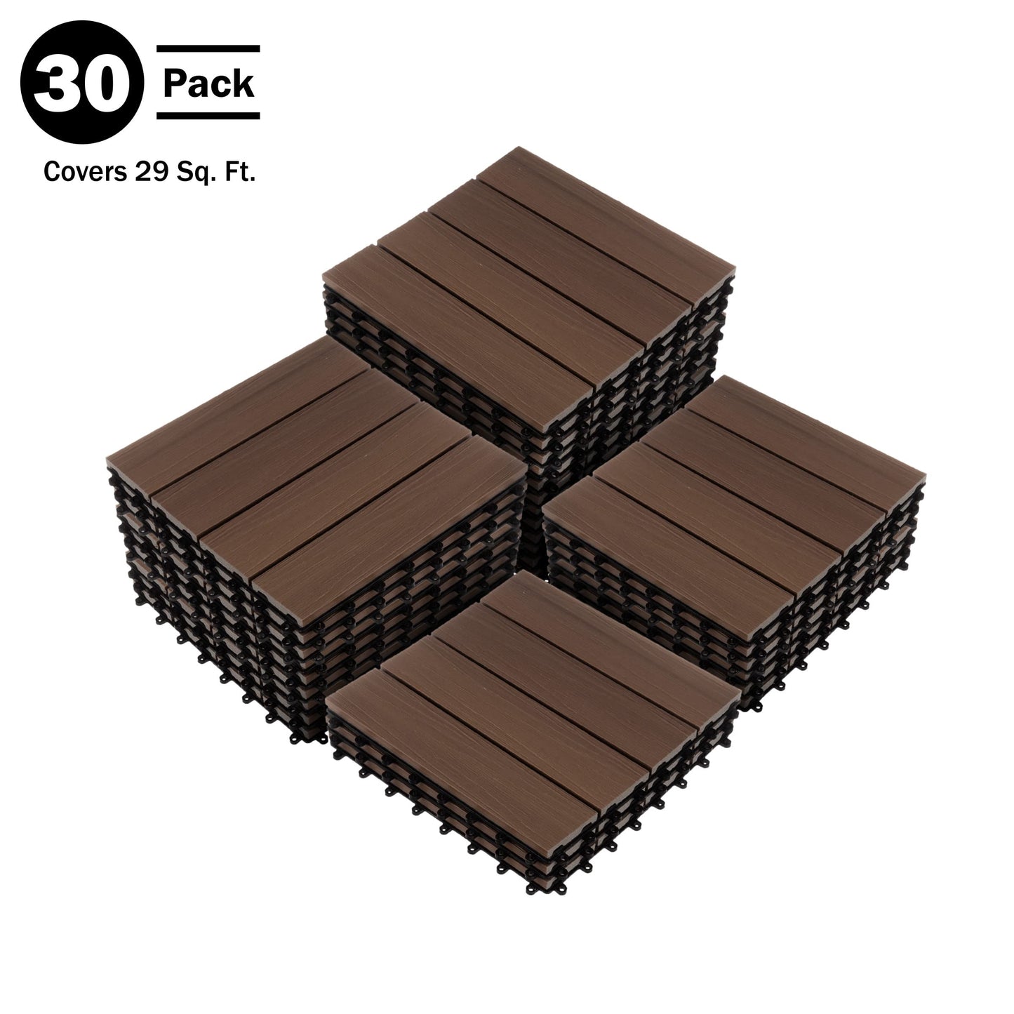 Interlocking Deck Tiles - 30-Pack 11.6-in Wood Plastic Composite All-Weather Outdoor Flooring Balcony Poolside or Patio by Pure Garden (Mocha Brown Woodgrain)