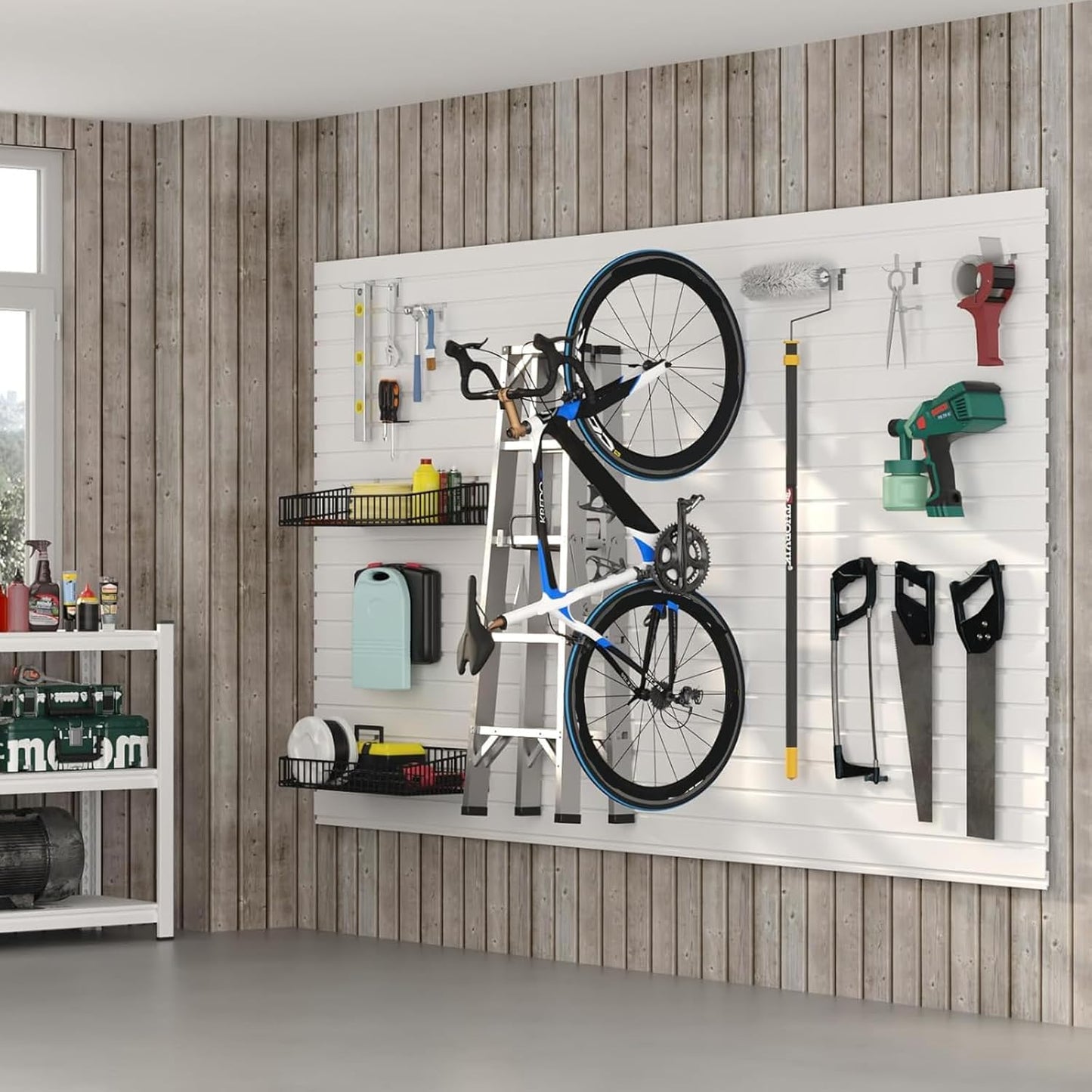 Noliven Slatwall Panel Wall Storage Systems, 4x8 ft Slat Wall Paneling Garage Wall Organizer with Five Hooks, Heavy Duty Wall Mounted PVC Wall Rack, White