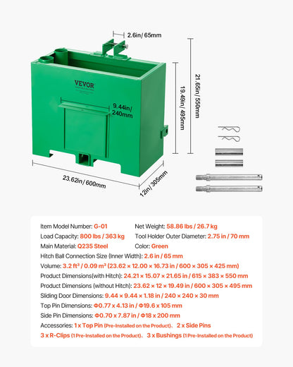 VEVOR Ballast Box, 3-Point Category 1 Tractor Ballast of 800 lbs Capacity, with Standard 2 Inch Hitch Receiver, Heavy-Duty Steel 3.2 ft³ Large Volume Durable Loader Attachment with Sliding Door, Green