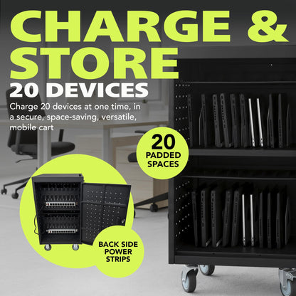 Pearington 20 Device Mobile Charging and Storage Cart for iPads, Chromebooks and Laptop Computers, Up To 17-Inch Screen Size, Surge Protection, Front & Back Access Locking Cabinet, Black