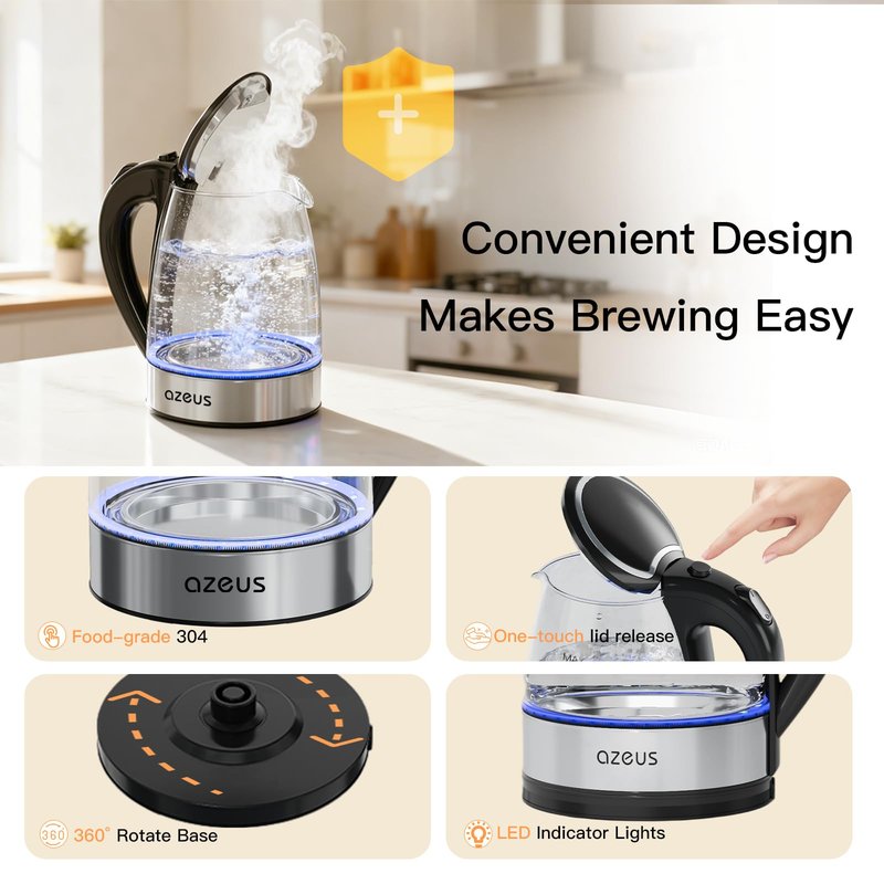 AZEUS Glass Electric Kettle - 1.8L Fast Boiling Auto-Shutoff & Anti-Dry Heat Safety Kettle for Home/Office, Borosilicate Glass with LED Indicator (white)