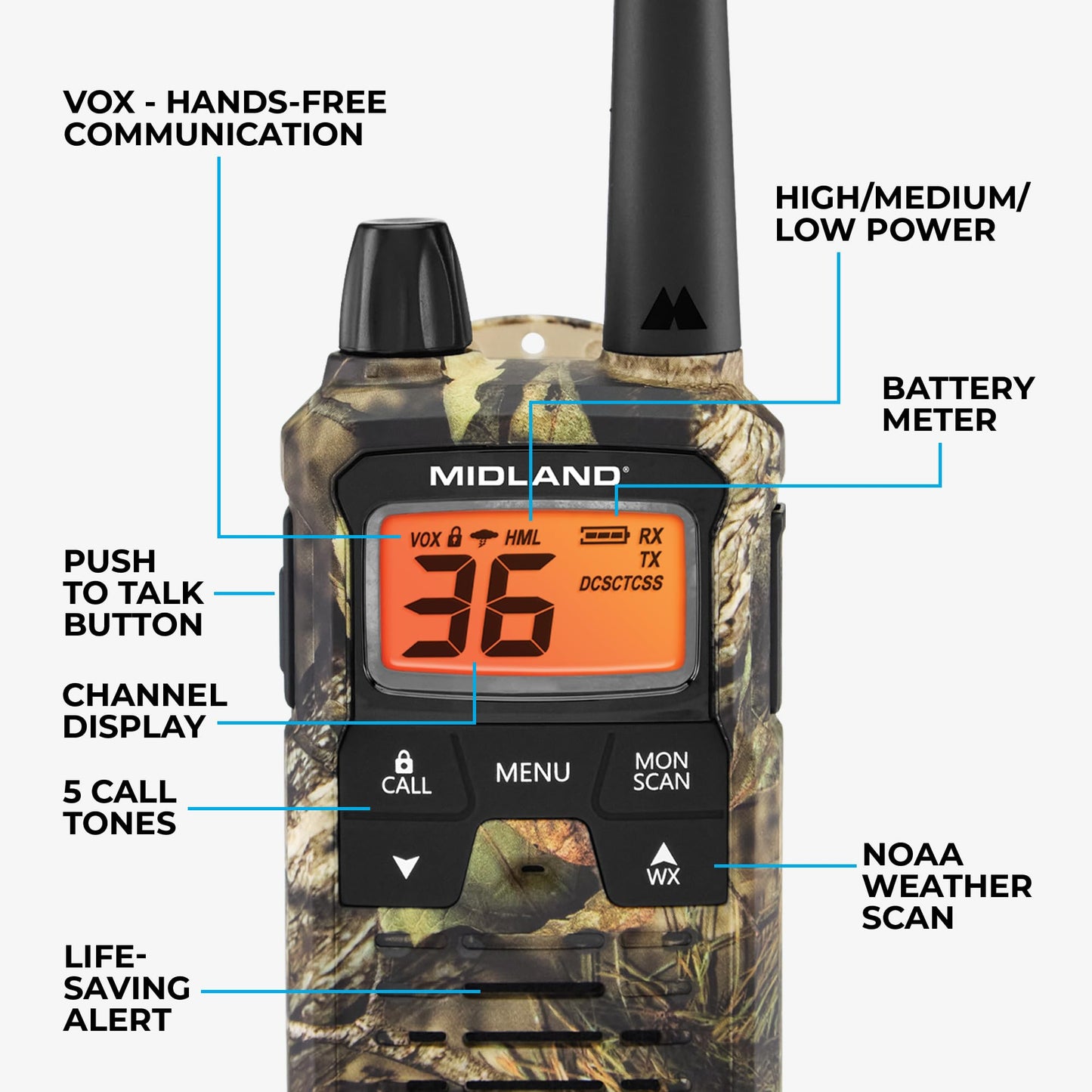 Midland - T295VP4 X-TALKER Walkie Talkies with 22 GMRS Channels – Two-Way Radio NOAA Weather Alert & Scan Technology, Dual Power Options, 121 Privacy Codes, Silent Operation – Camo, Set of 2