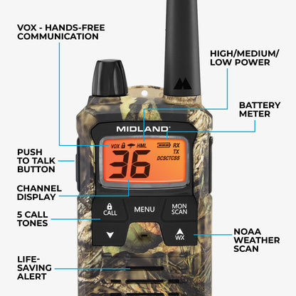 Midland - T295VP4 X-TALKER Walkie Talkies with 22 GMRS Channels – Two-Way Radio NOAA Weather Alert & Scan Technology, Dual Power Options, 121 Privacy Codes, Silent Operation – Camo, Set of 2