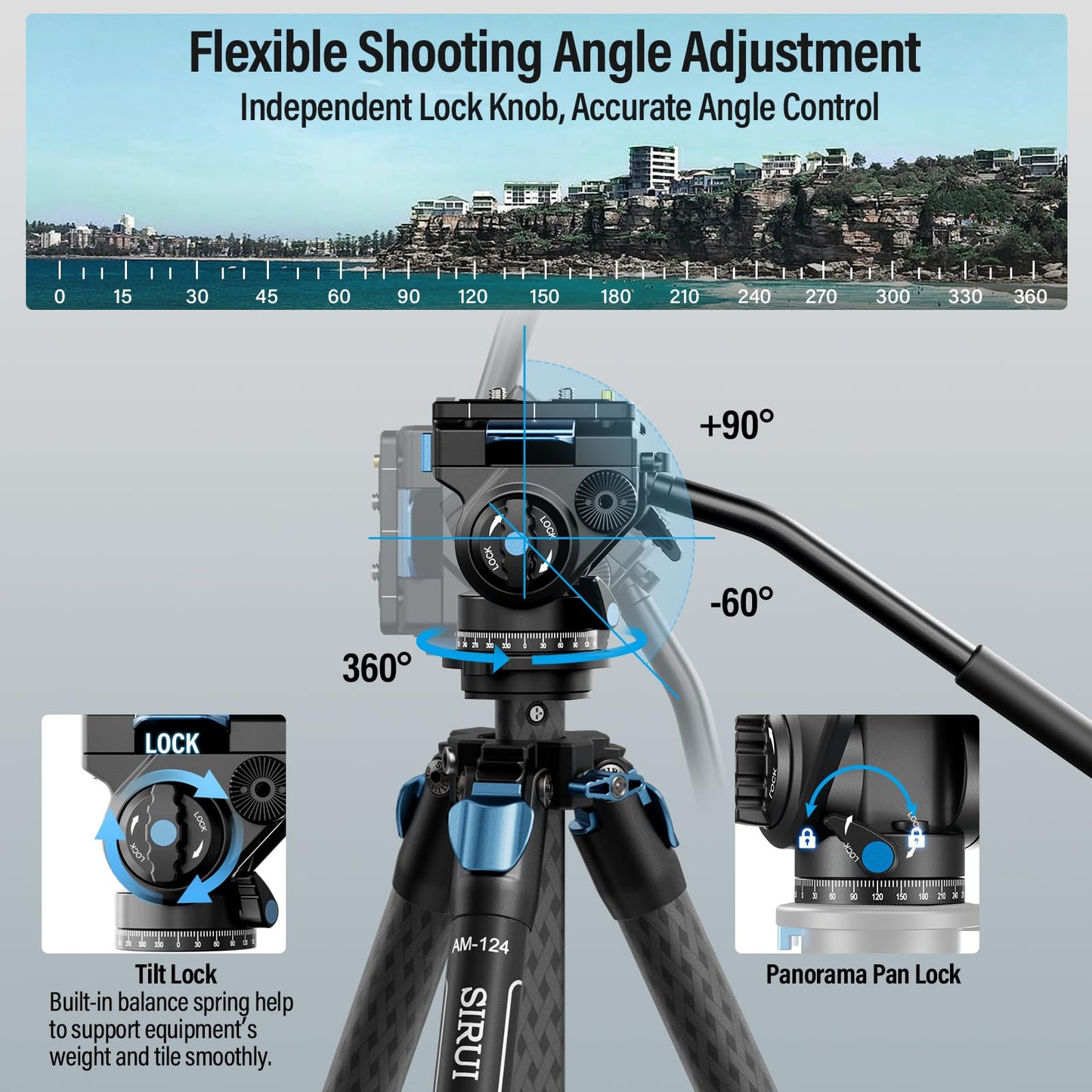 SIRUI AM-124 Carbon Fiber Tripod with AM-5VX Fluid Head, 65.6“ Compact Video Camera Tripod for Travel, Triangular Center Column, Side Loading QR Plate, Waterproof Twist Lock, Loads 6.6lbs