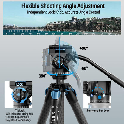 SIRUI AM-124 Carbon Fiber Tripod with AM-5VX Fluid Head, 65.6“ Compact Video Camera Tripod for Travel, Triangular Center Column, Side Loading QR Plate, Waterproof Twist Lock, Loads 6.6lbs