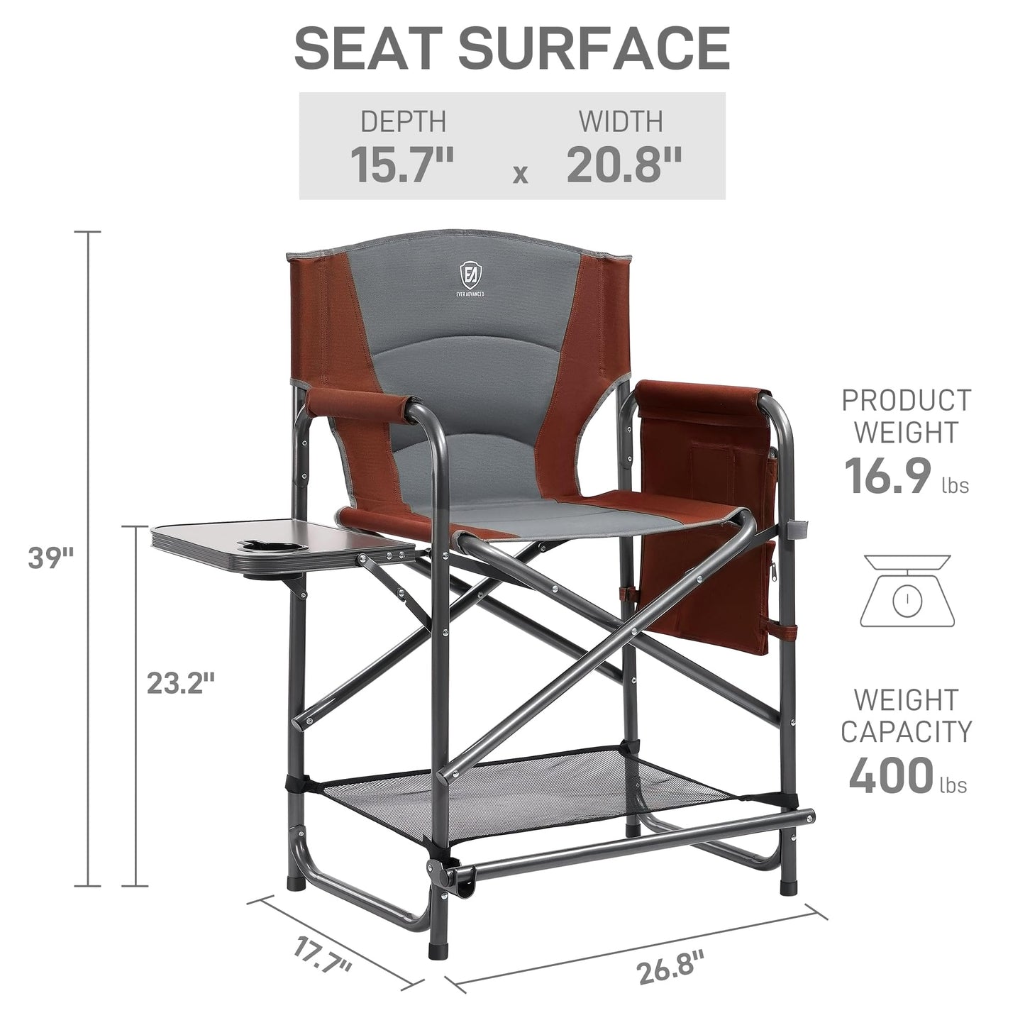 EVER ADVANCED Medium Tall Directors Chair Foldable Makeup Artist Chair Bar Height with Side Table Cup Holder and Pocket Footrest, Supports 400LBS (Red Brown, Seat Height: 23.2 inches)