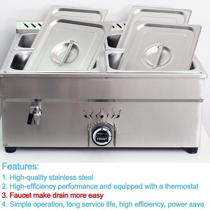 INTBUYING LP Gas Food Soup Warmer Propane Gas Stove Bain-Marie Commercial Canteen Buffet Steam Heater Stainless Steel with Gas Regulator Valve 12''x8.7''x4''Pan-4 Pans（Square）