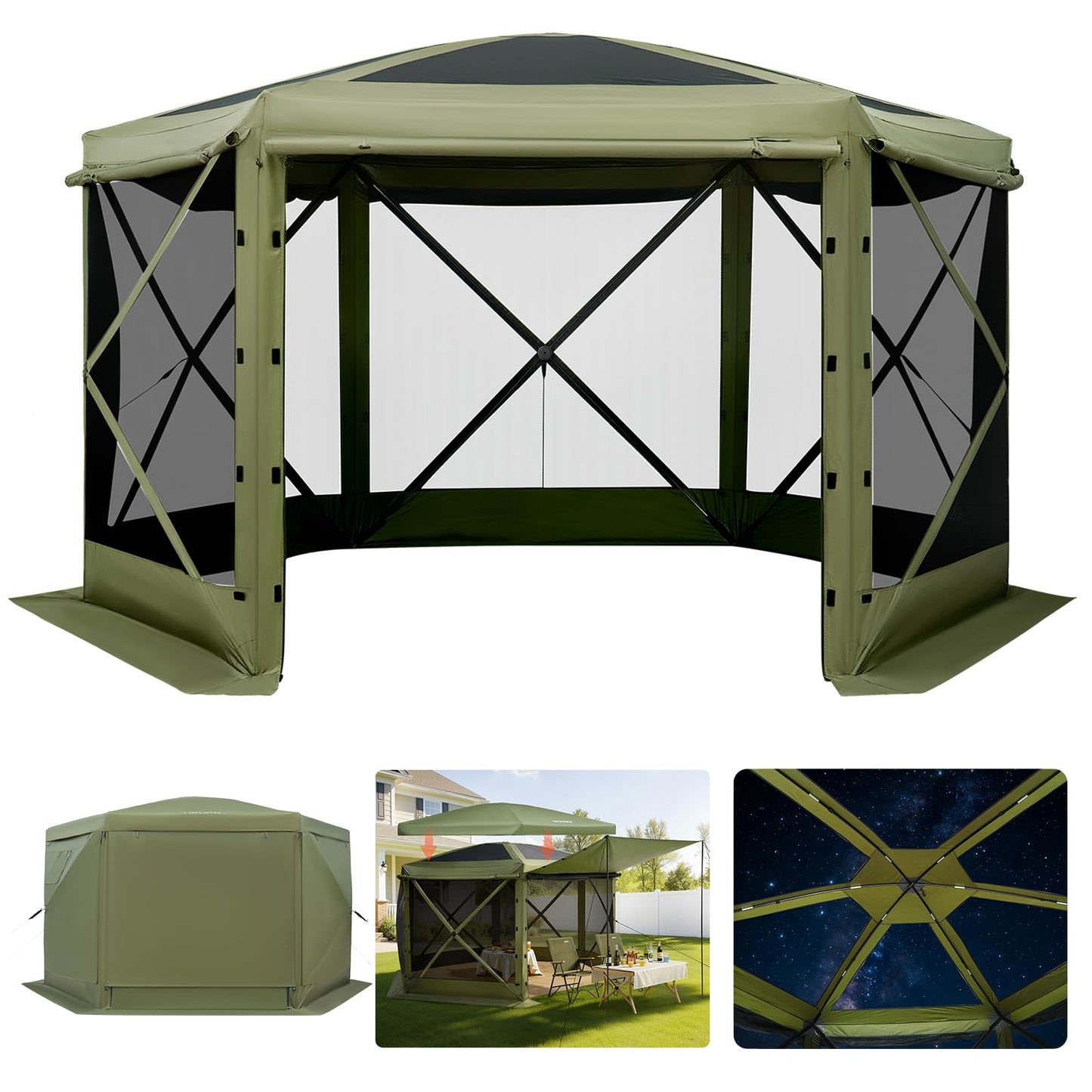 VEVOR Pop up Gazebo Screen Tent, 10 x 10 ft Large 6-Sided Camping Canopy Tent with Removable Top & Carry Bag, Quick-Set & Bite-Proof, Screen House Sun Shelter for 6-8 Persons Backyard Patio, Green