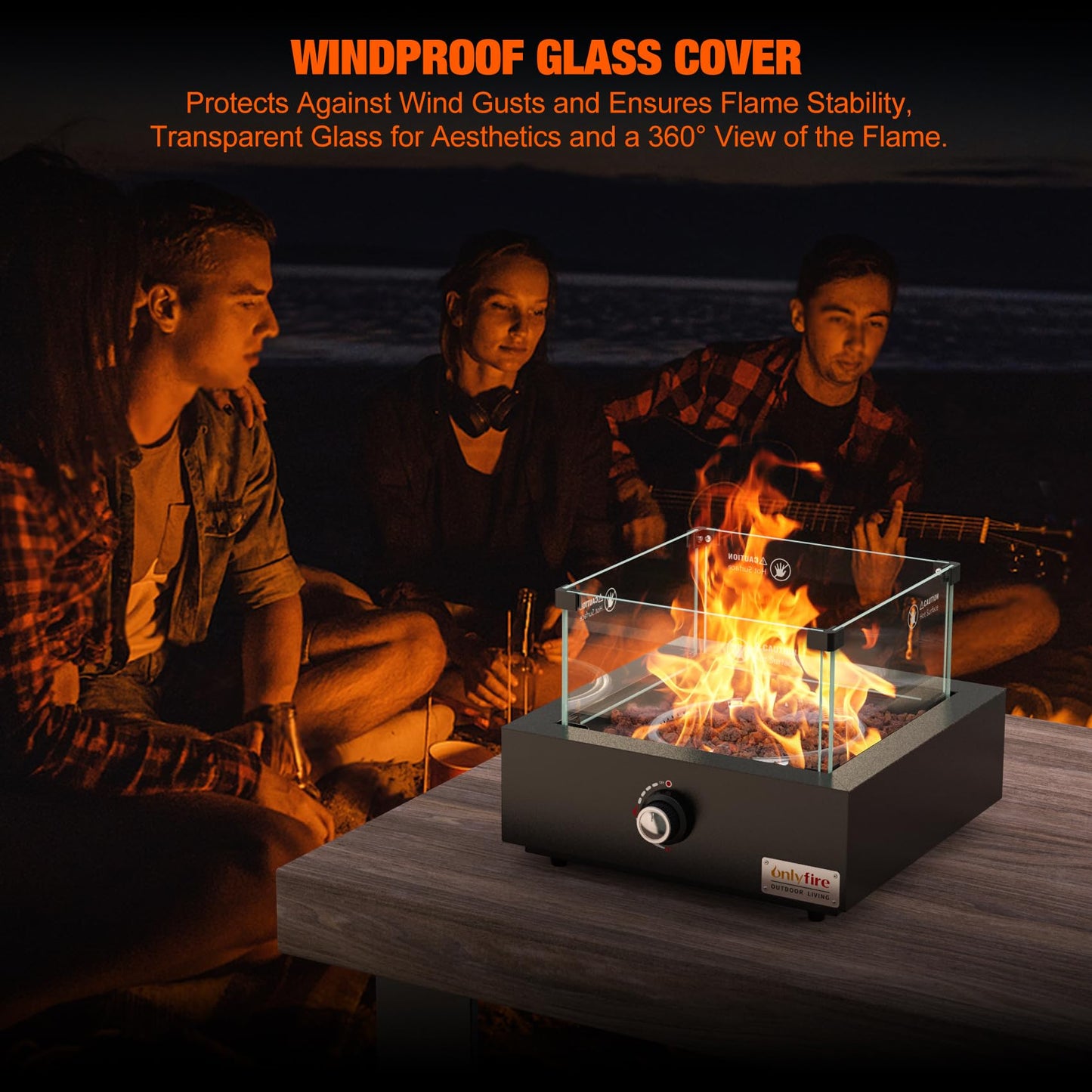 ONLYFIRE OUTDOOR LIVING Portable Propane Gas Fire Pit Bottom-Mounted for Table with Umbrella Hole, Tabletop Smokeless Firepit with Wind Guard for Patio Camping RV Tailgating, 23000BTU, Square FP041