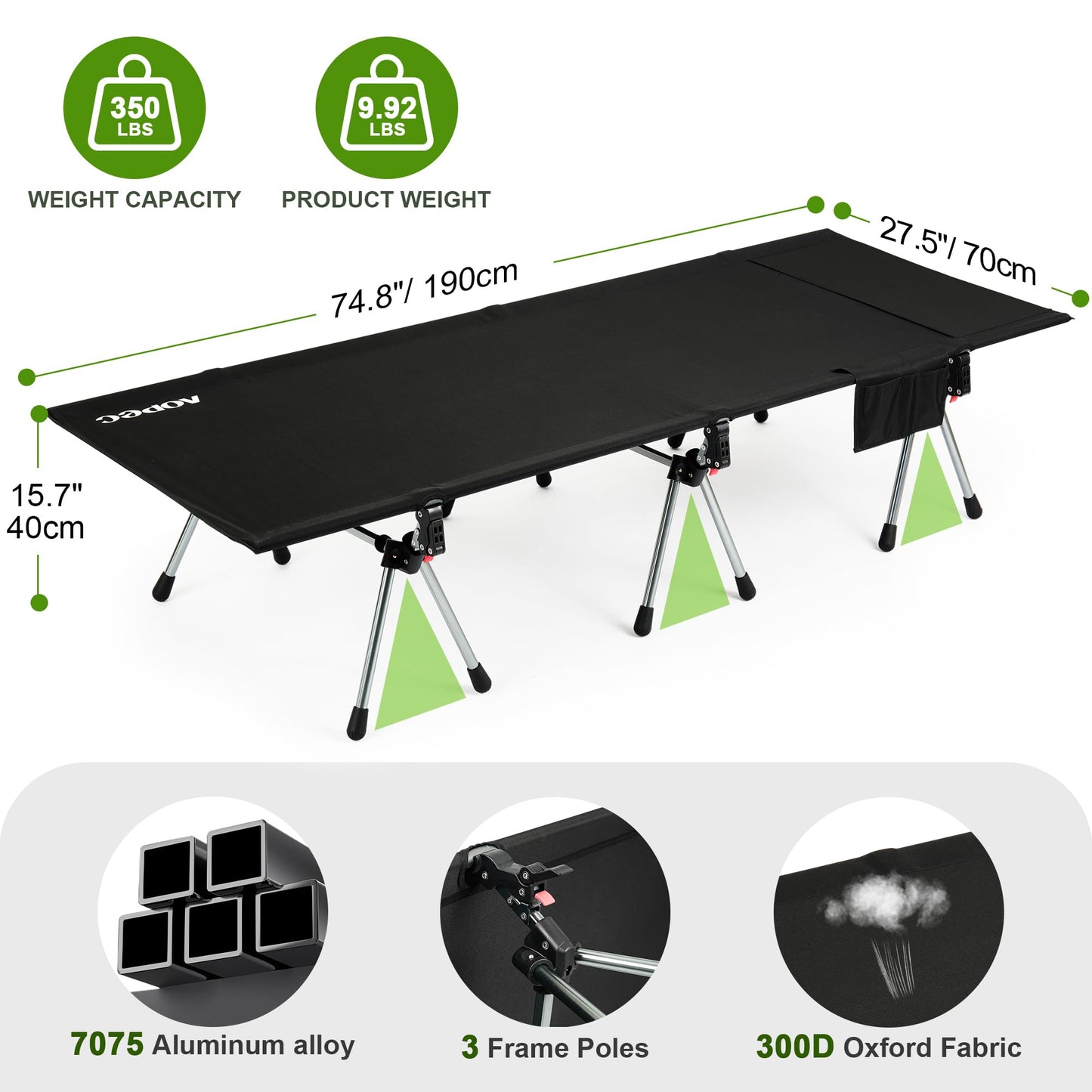AOPEC 75" Camping Cot, Heavy Duty 350lbs Capacity, Adjustable Height with Leg Extenders, Lightweight Aluminum Frame Portable Folding Bed for Camping,Travel, Beach, Office Nap