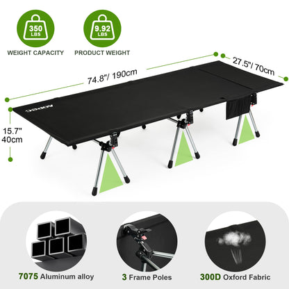 AOPEC 75" Camping Cot, Heavy Duty 350lbs Capacity, Adjustable Height with Leg Extenders, Lightweight Aluminum Frame Portable Folding Bed for Camping,Travel, Beach, Office Nap