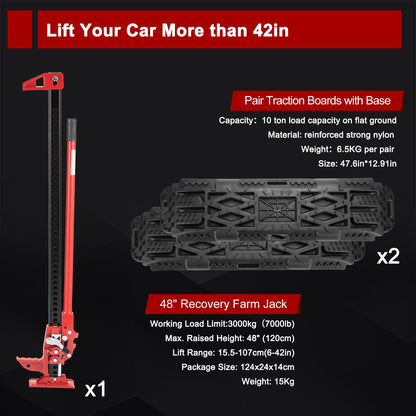 BUNKER INDUST Offroad High Lift Jack with Pair Traction Board Mate,48" FarmJack with Sand Mud Snow Track Mat Board, Offroad Tire Recovery Kit for Car Truck Jeep ATV SUV UTV