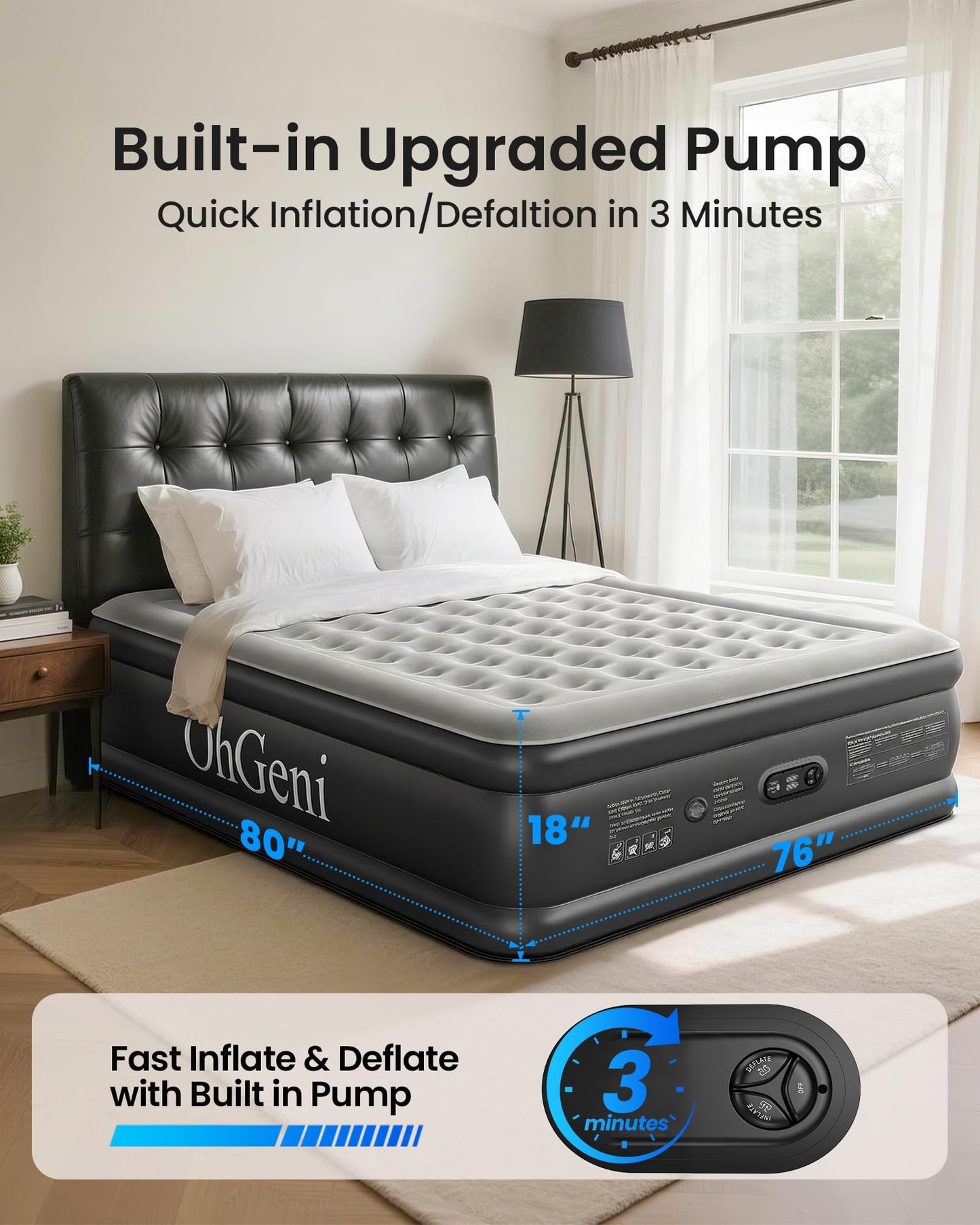 OhGeni King Size Air Mattress with Built in Pump, Family Choice Award Winner, 18'' Comfortable Blow Up Colchones Inflables Mattress for Home, Guests, Portable Air Bed, 700 lbs