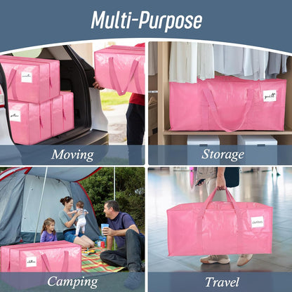 Skiennix Extra Heavy Duty Moving Bags - 12 Pack with Strong Zipper & Comfortable Handles | Durable Pink Storage Totes