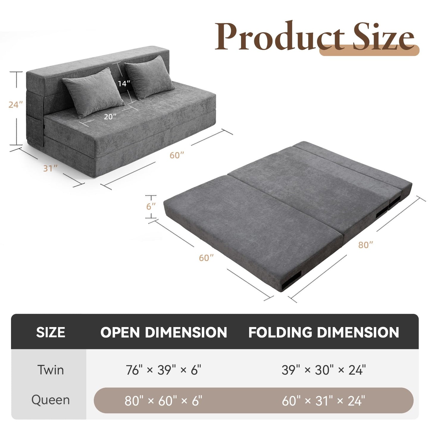HOMFINE Folding Sofa Bed - Convertible Sleeper Chair with Pillow, Fold Out Couch, Memory Foam Floor Mattress, Futon Couch, Lazy Sofa for Living Room/Dorm/Guest Room/Home Office, Queen, Grey