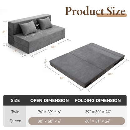 HOMFINE Folding Sofa Bed - Convertible Sleeper Chair with Pillow, Fold Out Couch, Memory Foam Floor Mattress, Futon Couch, Lazy Sofa for Living Room/Dorm/Guest Room/Home Office, Queen, Grey