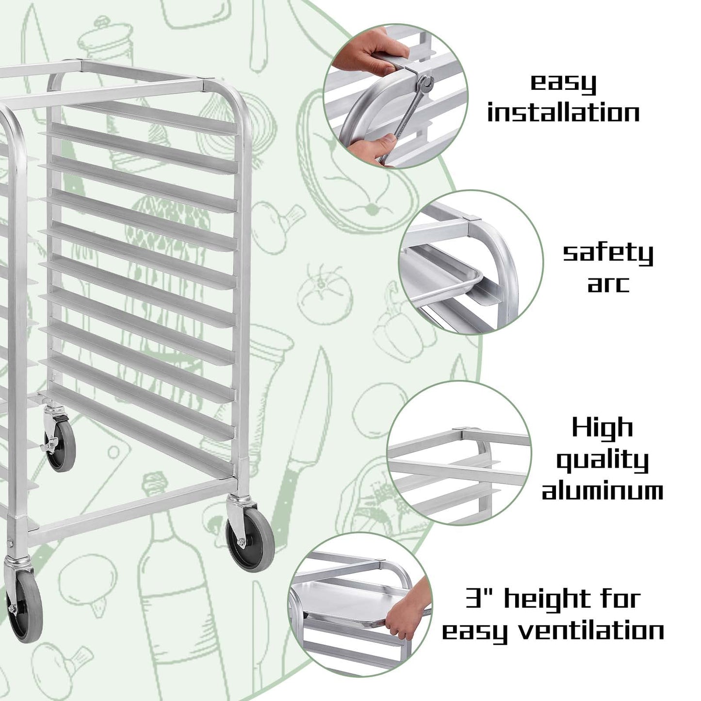 HALLY SINKS & TABLES H Bun Pan Rack 10 Tier with Wheels, Commercial Bakery Racking of Aluminum for Full & Half Sheet - Kitchen, Restaurant, Cafeteria, Pizzeria, Hotel and Home, 26" L x 20" W x 38" H