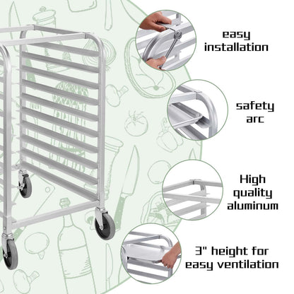 HALLY SINKS & TABLES H Bun Pan Rack 10 Tier with Wheels, Commercial Bakery Racking of Aluminum for Full & Half Sheet - Kitchen, Restaurant, Cafeteria, Pizzeria, Hotel and Home, 26" L x 20" W x 38" H
