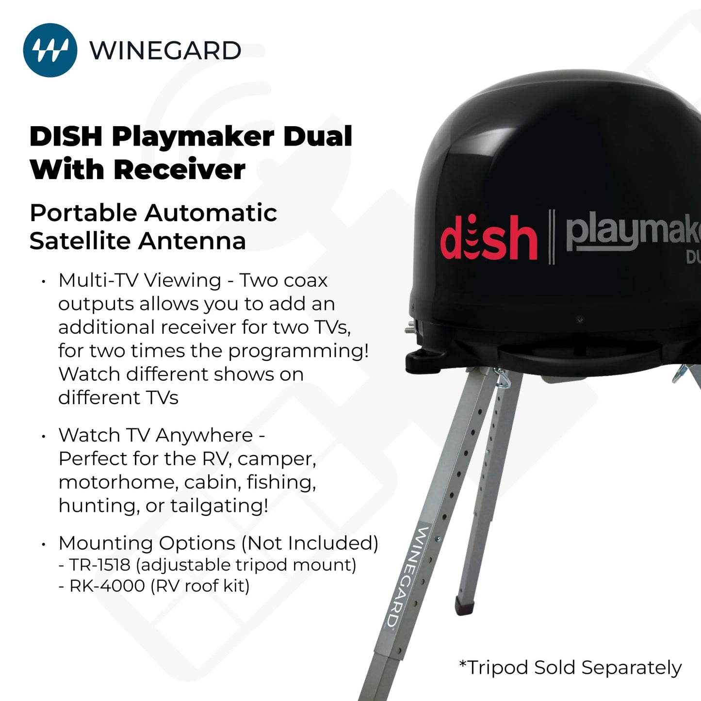 Winegard PL8035R Dish Playmaker Dual with Receiver - Automatic Satellite Antenna W/Dual Receiver Support for PL-70LR - RV, Camping, Tailgating, Outdoor, TV Connectivity - Outdoor