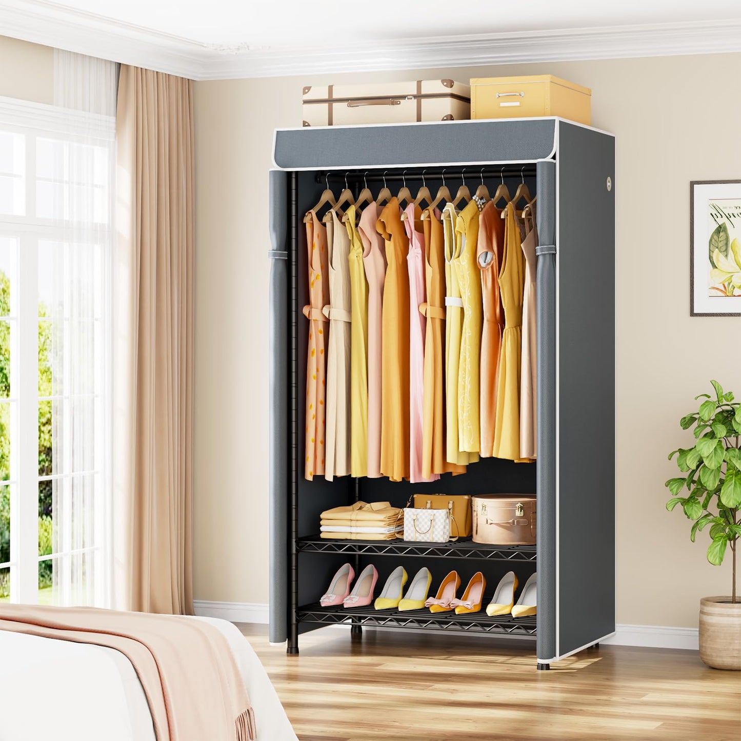 ULIFHOME H5C Clothes Rack with Cover, Portable Closet for Hanging Clothes, Covered Clothing Racks Heavy Duty, Garment Racks with Shelves, Max Load 360LBS, Black Closet Rack with Gray Cover