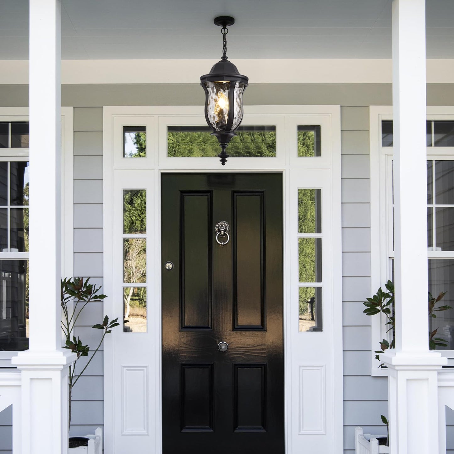 Smeike Large Outdoor Pendant Light Fixtures, 23.6'' Exterior Hanging Lantern Porch Light Adjustable, Black Hanging Lamp Farmhouse Exterior Chandelier Ceiling Mount for Entrance Patio