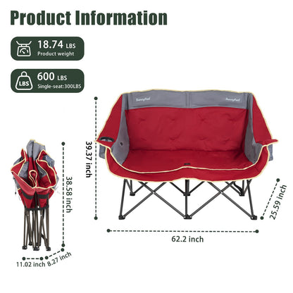 SUNNYFEEL Heated Double Camping Chairs Padded Loveseat Chair for 2 Person Heavy Duty Oversized Camping Couch 600lbs for Adults Portable Outdoor Lawn Chair with Cup Holder for Outdoor Patio RV Camping