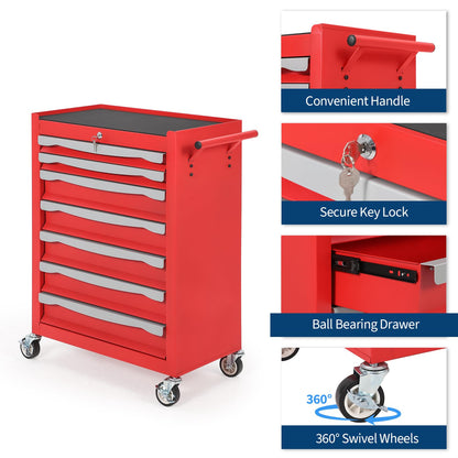 7-Drawer Tool Chest, Rolling Tool Cart, Large Capacity Tool Storage Cabinet with Keyed Locking and Drawer Liners, Link Buckle, and Can Be Combined to Large Cabinet Set, for Garage, Workshop, Warehouse