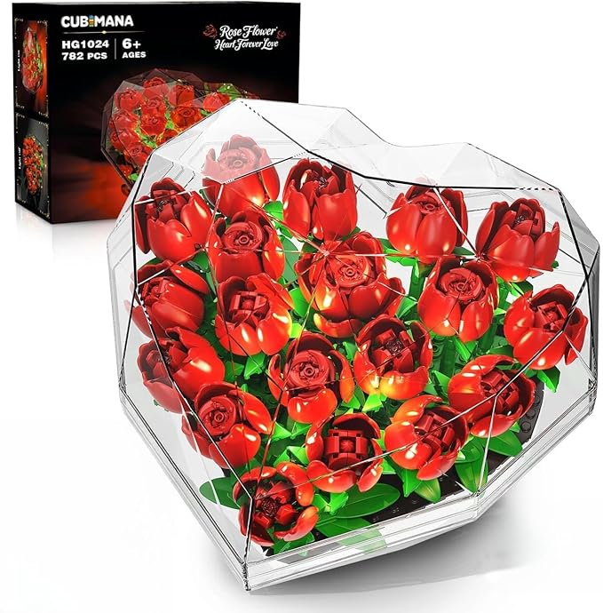 Flower Bouquet Building Set with LED Lights - 19 Rose Red Botanical Collection Block Toy with Heart Shaped Cover for Adult Her Lover Wife Women Girls 8-12+