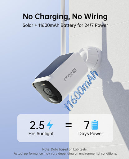 CYVIO 4K Solar Security Camera Wireless Outdoor, 2-Cam Kit, CYVIO WiFi Long Range, Battery Powered, Color Night Vision, PIR Motion Detection, No Monthly Fee