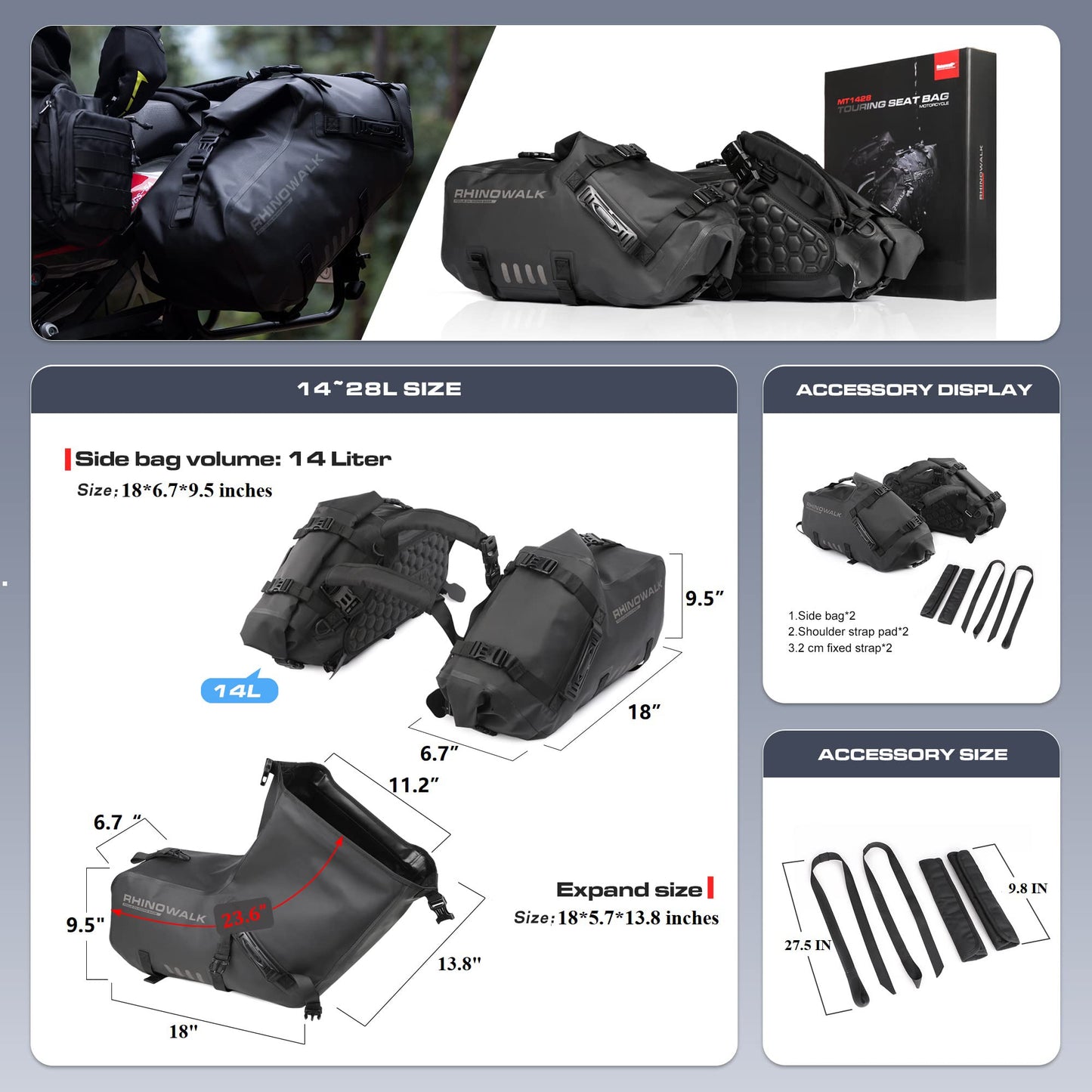 Rhinowalk Motorcycle Saddle Bags Waterproof Anti-Vibration Motor Side Bags Shoulder Bag Motorbike Panniers 28L(14L*2) for most Adventure and Sport Motorcycle Racks, 1 Pair