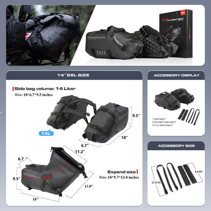 Rhinowalk Motorcycle Saddle Bags Waterproof Anti-Vibration Motor Side Bags Shoulder Bag Motorbike Panniers 28L(14L*2) for most Adventure and Sport Motorcycle Racks, 1 Pair