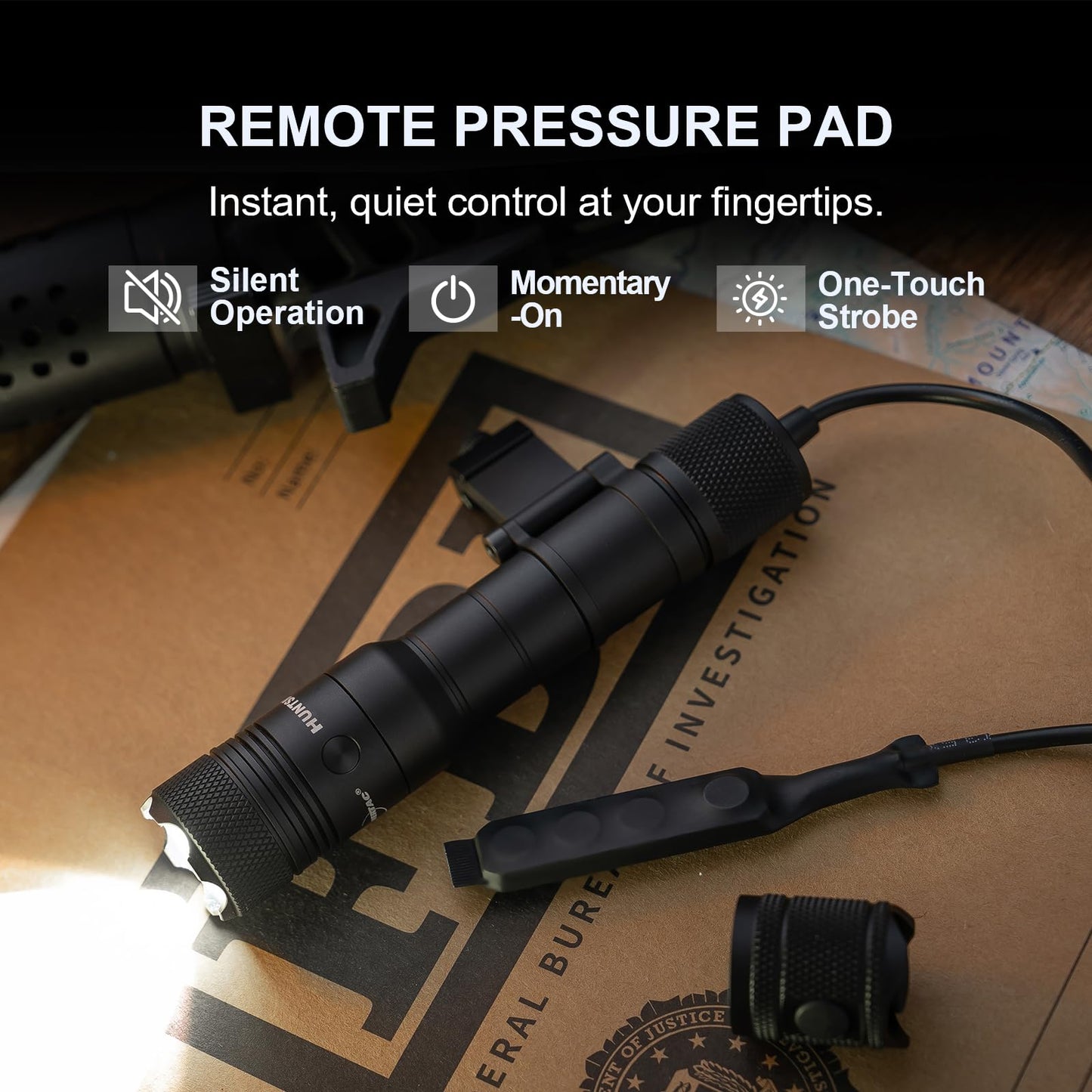 PowerTac Huntsman 1250 Lumens, 510 Meters Long Range MLOK Rail Mounted Tactical Weaponlight Rechargeable Flashlight with Remote Pressure Switch, IPX8 Waterproof