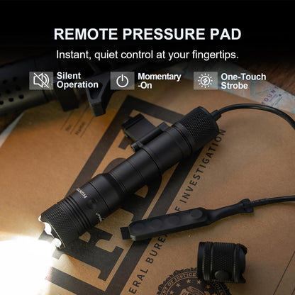 PowerTac Huntsman 1250 Lumens, 510 Meters Long Range MLOK Rail Mounted Tactical Weaponlight Rechargeable Flashlight with Remote Pressure Switch, IPX8 Waterproof