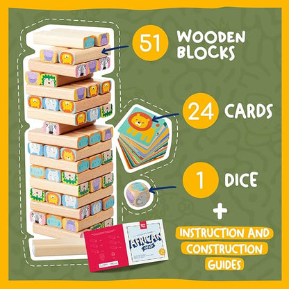 Nene Toys Wooden Block Stacking Game – 4-in-1 Tumble Tower Family Board Game with Building Blocks Cards and Dice – African Safari Educational Wooden Toy for Kids 3-9 Years Old About Animals